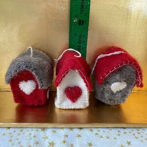 Gry & Sif Felted Wool Ornaments. (3) Handmade Mini Birdhouses